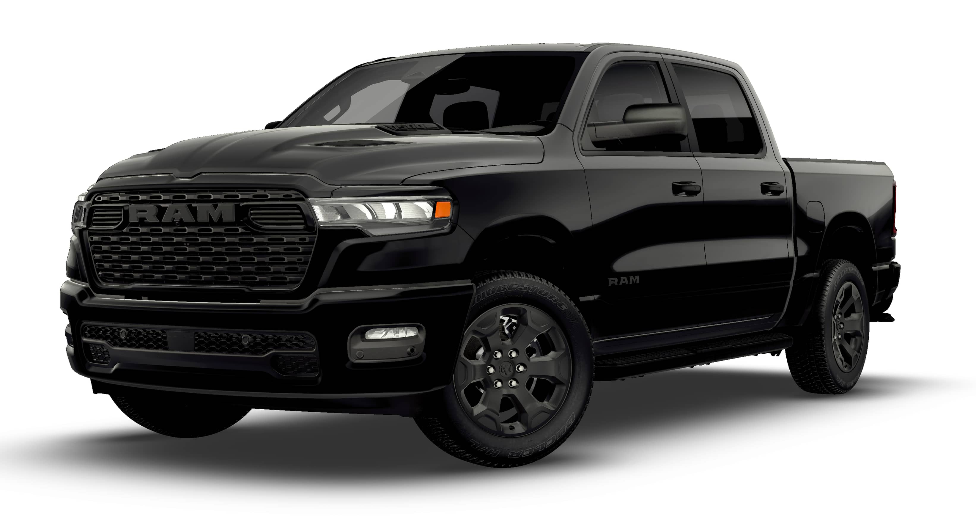 2026 RAM Ram 1500 RAM 1500 EXPRESS CREW CAB 4X4 5'7' BOX in Diamond Black Crystal Pearl-Coat Exterior Paint — front three-quarter view