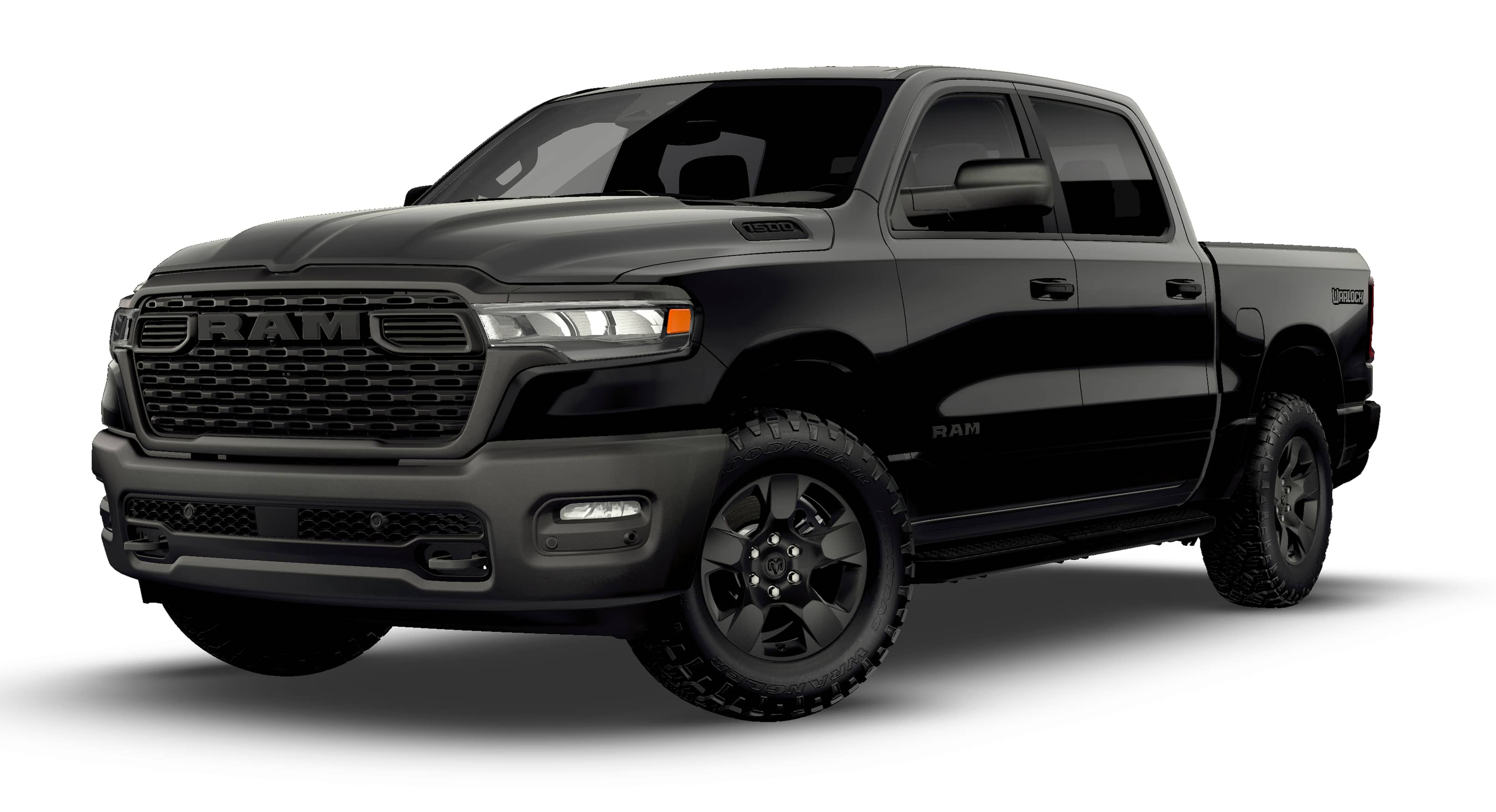2026 RAM Ram 1500 RAM 1500 WARLOCK CREW CAB 4X4 5'7' BOX in Diamond Black Crystal Pearl-Coat Exterior Paint — front three-quarter view