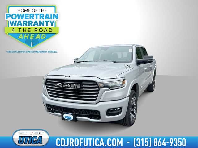 2026 RAM Ram 1500 RAM 1500 LARAMIE CREW CAB 4X4 5'7' BOX in Silver Zynith Exterior Paint — front three-quarter view