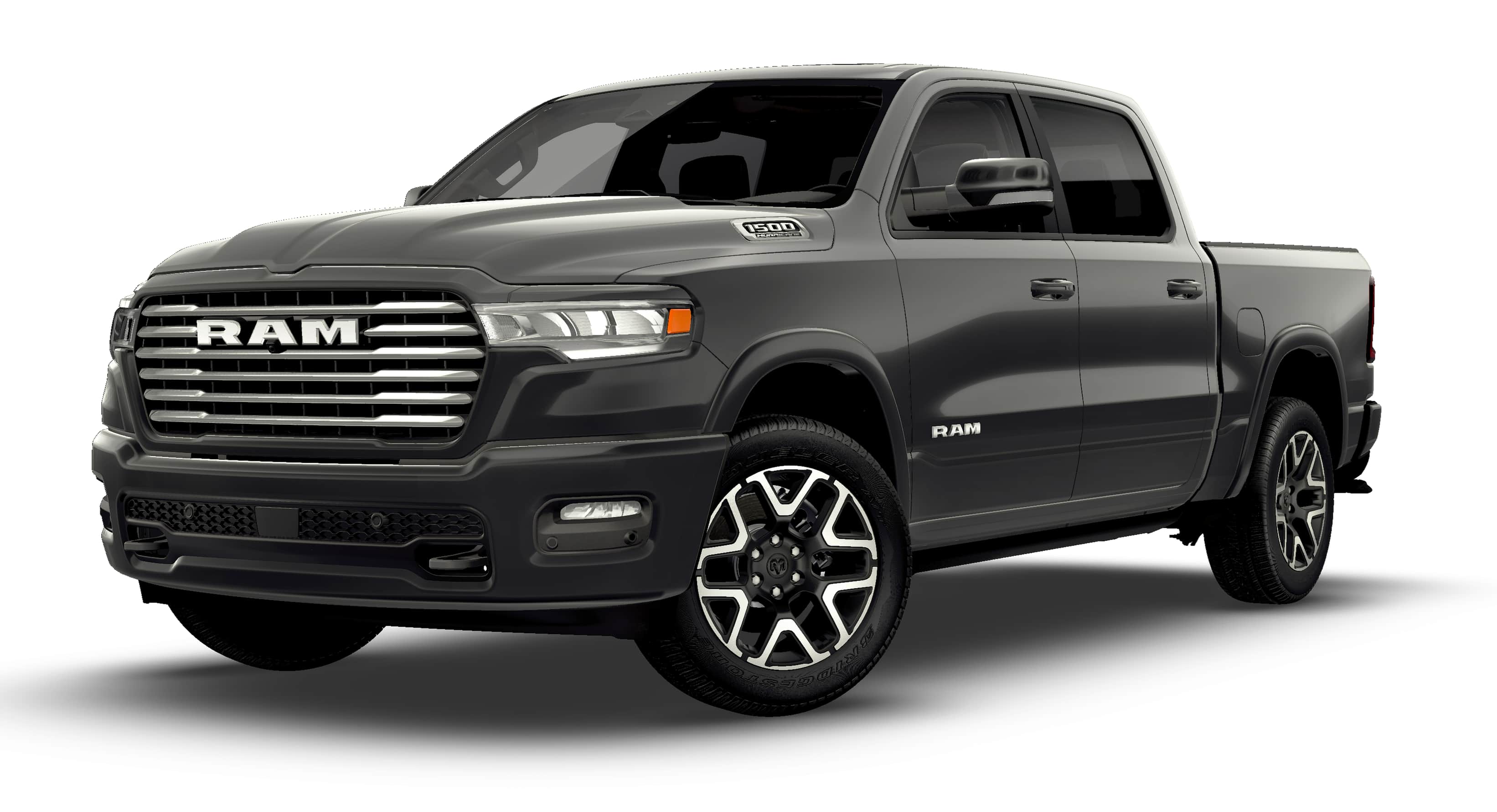 2026 RAM Ram 1500 RAM 1500 LARAMIE CREW CAB 4X4 5'7' BOX in Granite Crystal Metallic Clear-Coat Exterior Paint — front three-quarter view