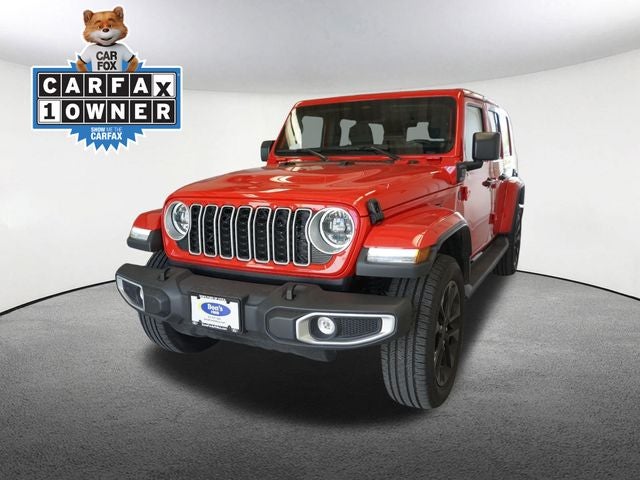 2025 Jeep Wrangler Sahara 4xe in Firecracker Red Clearcoat — front three-quarter view
