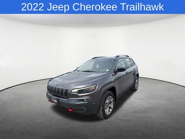 2022 Jeep Cherokee Trailhawk in Granite Crystal Metallic Clearcoat — front three-quarter view