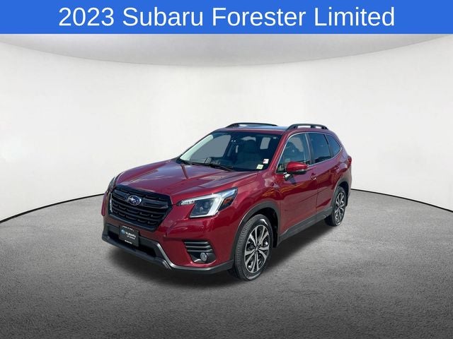 2023 Subaru Forester Limited in Crimson Red Pearl — front three-quarter view