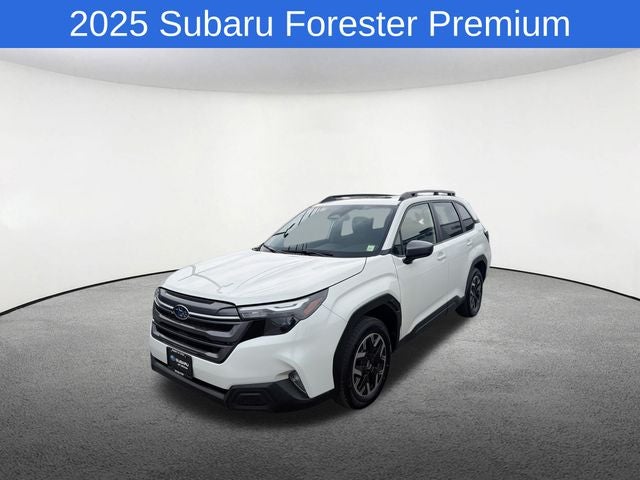 2025 Subaru Forester Premium in Crystal White Pearl — front three-quarter view